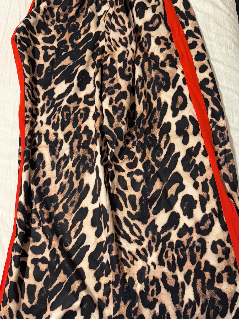Leopard Print Wide-Leg Pants with Red Side Stripe
